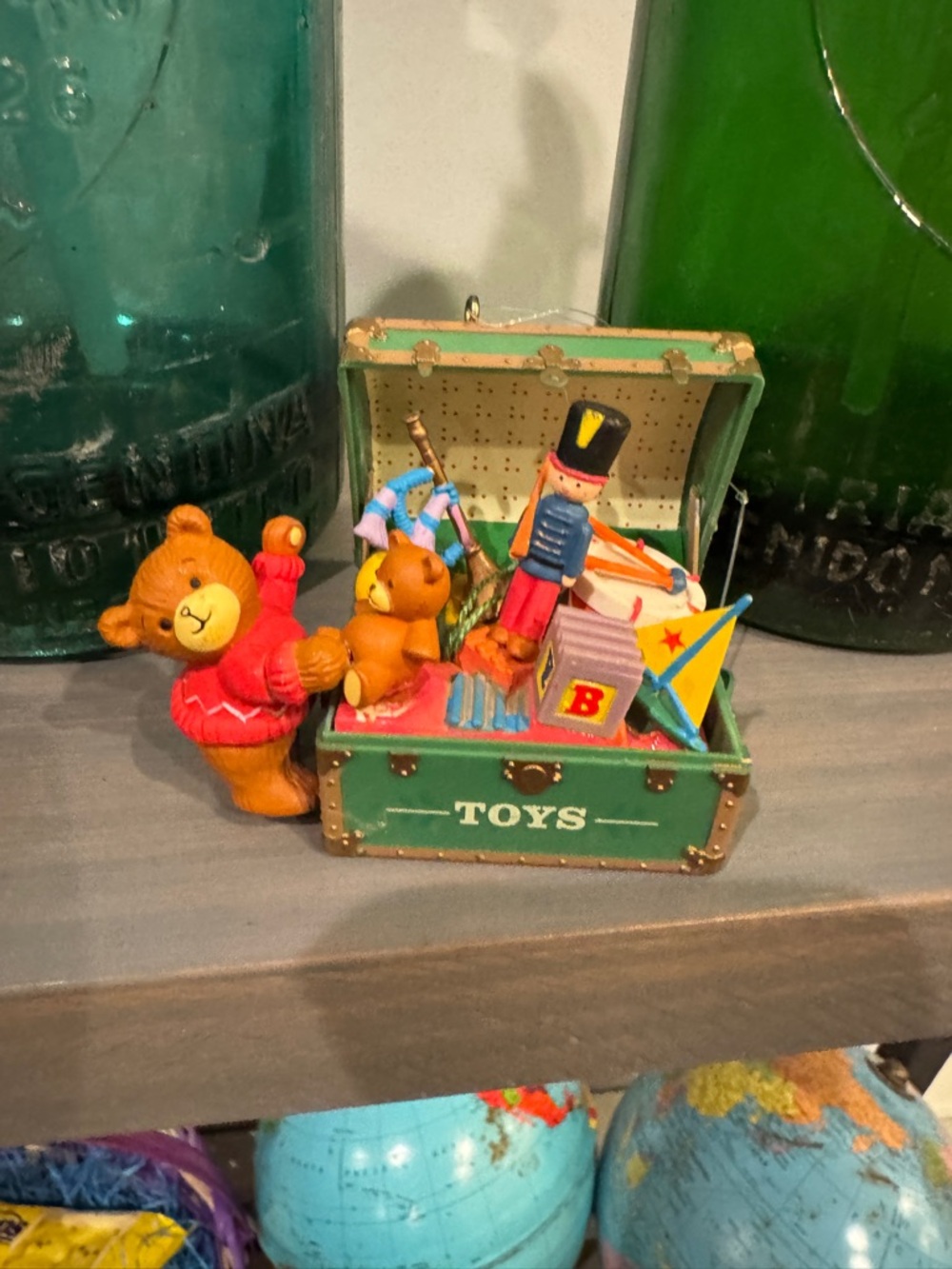 Vintage Christmas Ornament Enesco 1988 Green Toy Trunk Plastic